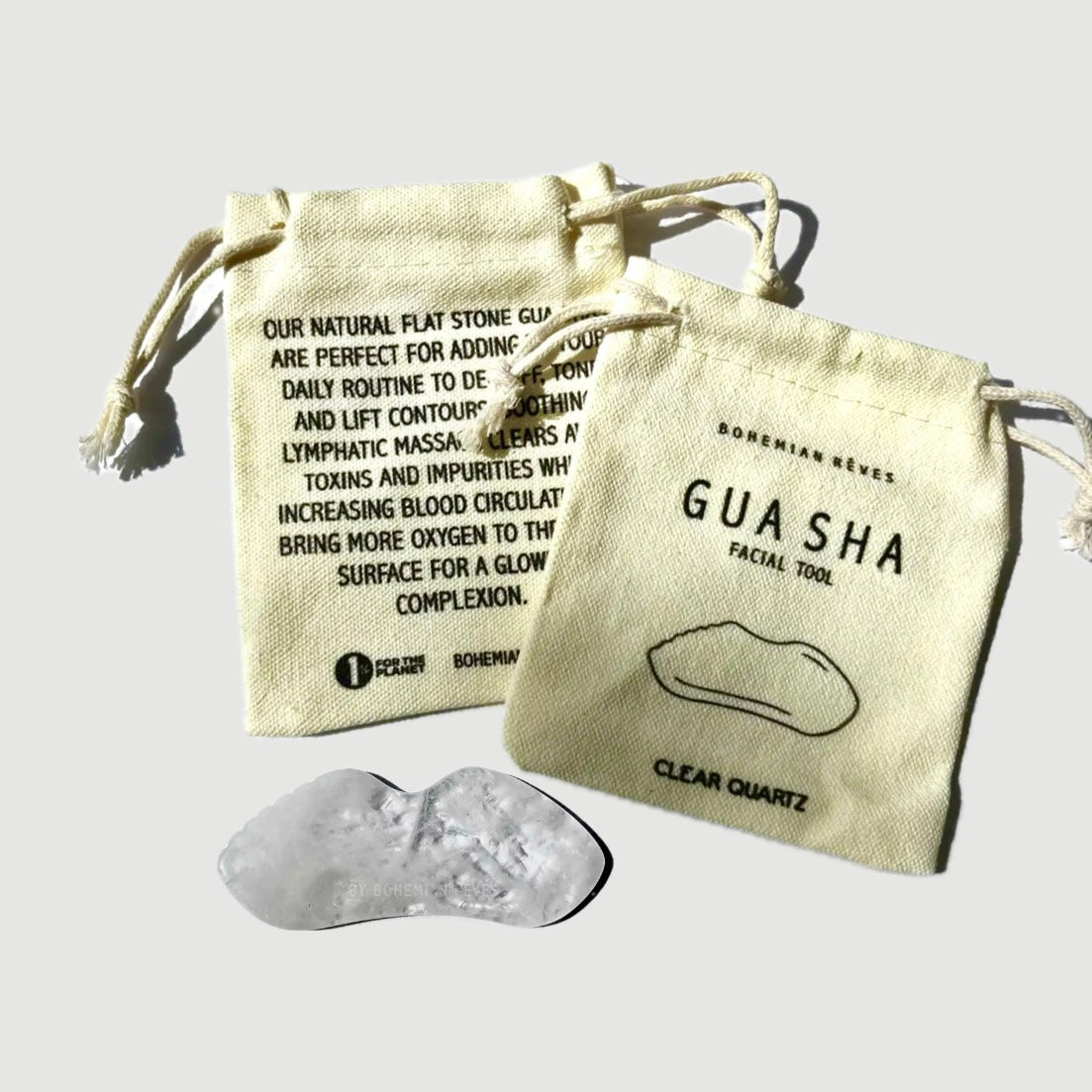 BOHEMIAN RêVES GUA SHA CLEAR QUARTZ FACE STONE + SUSTAINABLE COTTON STORAGE BAG