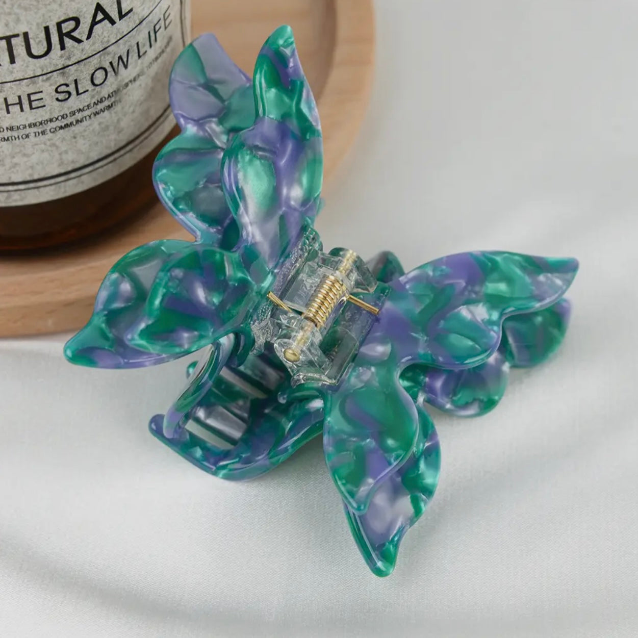 ONLY THE LONELY ACETATE 3" PURPLE GREEN BUTTERFLY HAIR CLIP