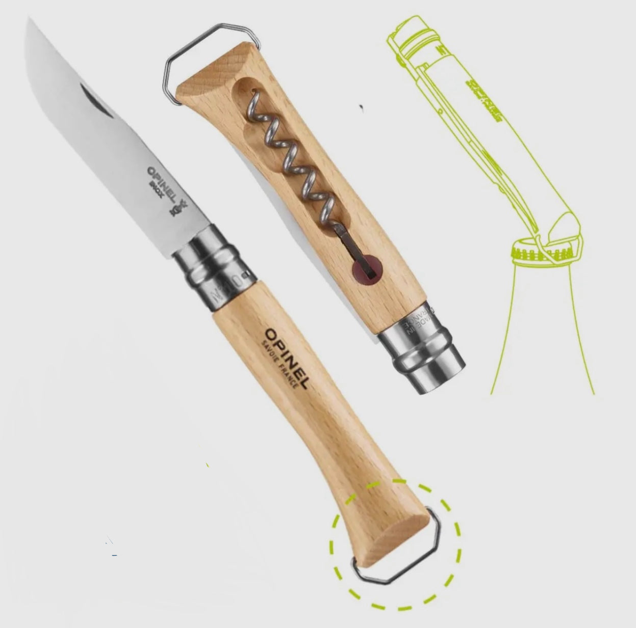OPINEL No.10 STAINLESS STEEL FOLDING KNIFE & CORKSCREW NATURAL WOOD