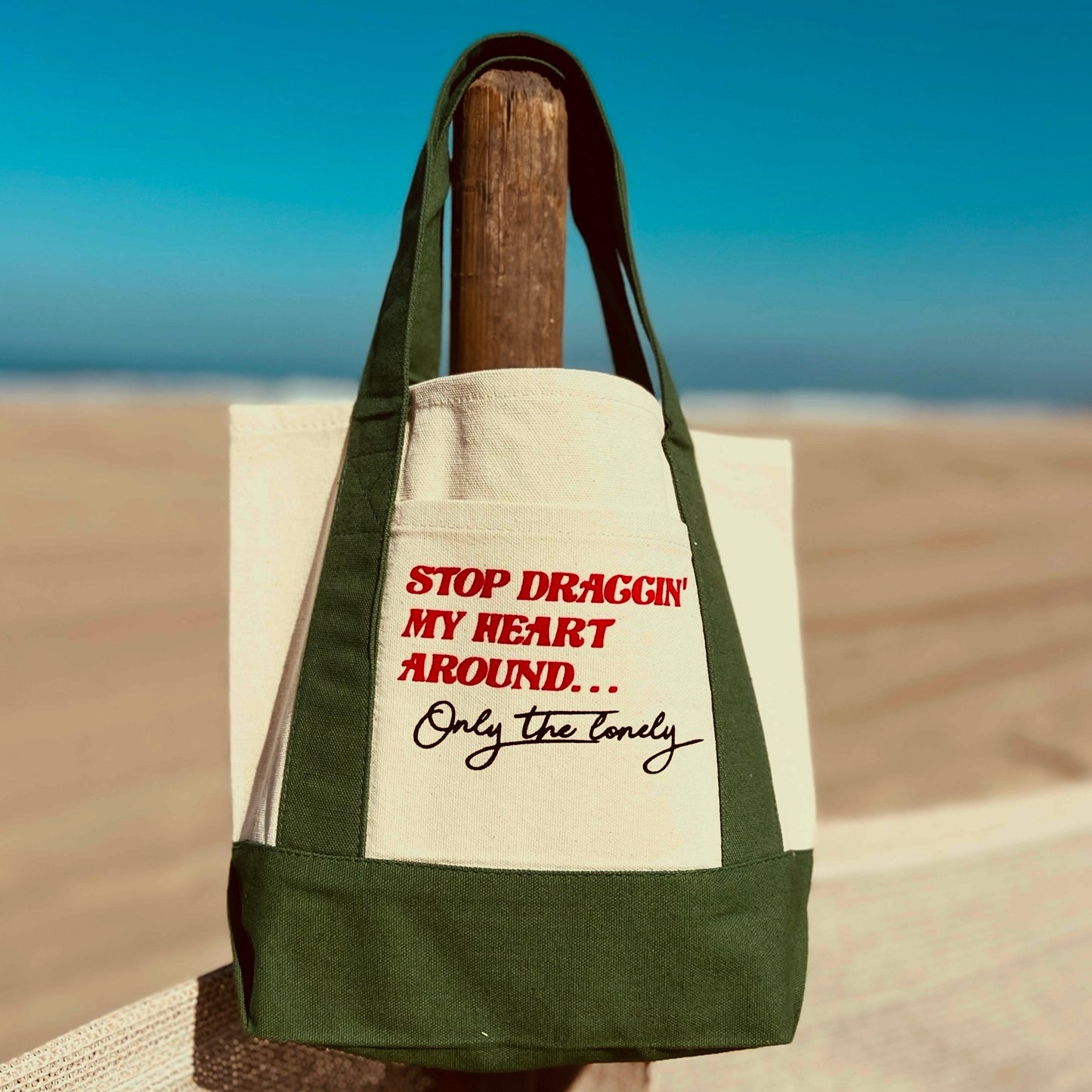 ONLY THE LONELY MINI TOTE (STOP DRAGGIN' MY HEART) GREEN/NATURAL
