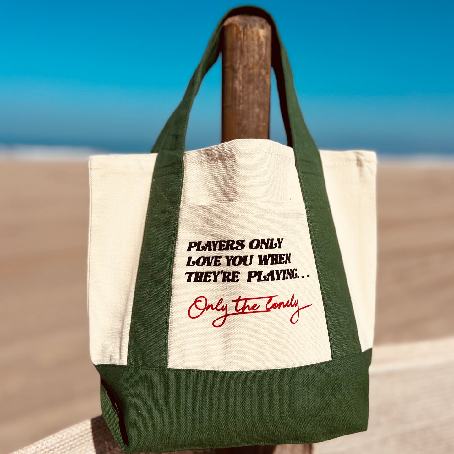 ONLY THE LONELY MINI TOTE (PLAYERS ONLY LOVE YOU) GREEN/NATURAL