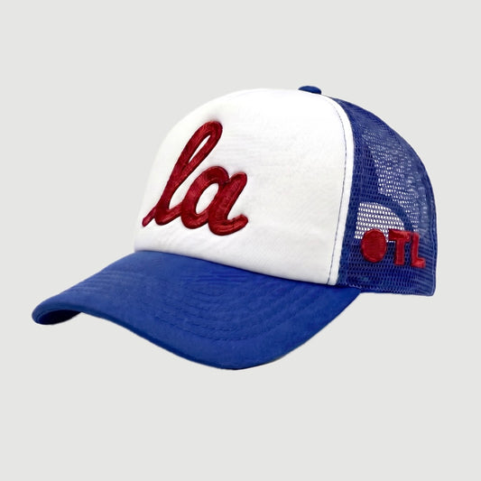 ONLY THE LONELY SCRIPT LA CHAINSTITCH FOAM TRUCKER (ROYAL/RED/WHITE)