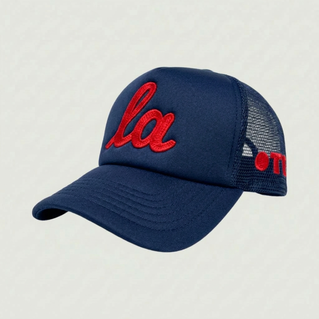 ONLY THE LONELY SCRIPT LA CHAINSTITCH FOAM TRUCKER (NAVY/RED)
