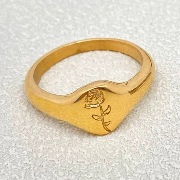 ROSE SIGNET RING STAINLESS STEEL GOLD PLATED RING JEWELRY