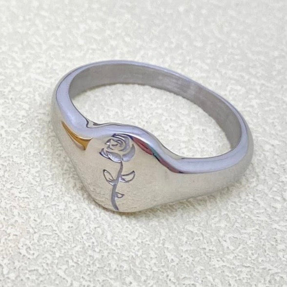 ROSE SIGNET RING STAINLESS STEEL SILVER PLATED RING JEWELRY