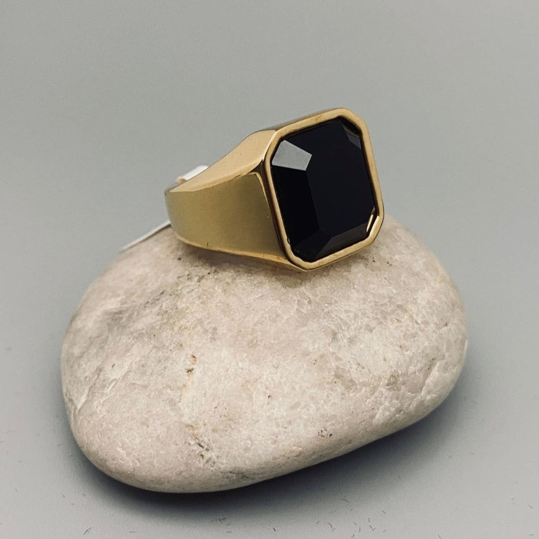 RING BLACK AGATE GOLD PLATED TITANIUM RING JEWELRY