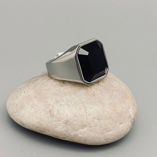RING BLACK AGATE SILVER PLATED TITANIUM RING JEWELRY