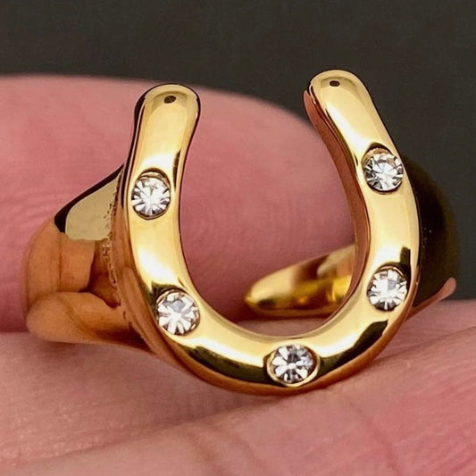 GOLD HORSESHOE RING STAINLESS STEEL GOLD PLATED ZIRCON RING JEWELRY