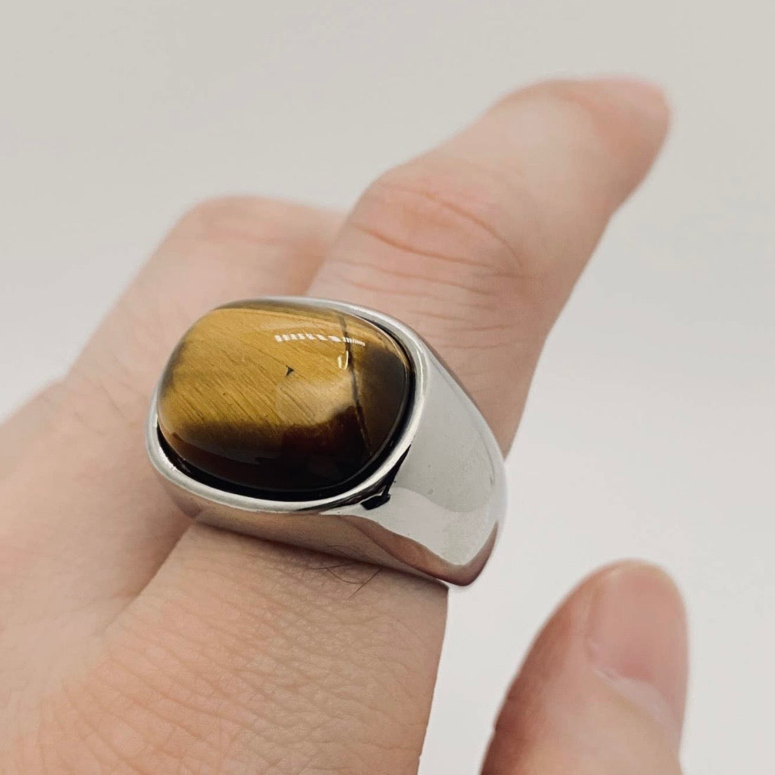 RING TIGER'S EYE STONE SILVER PLATED STAINLESS STEEL RING JEWELRY