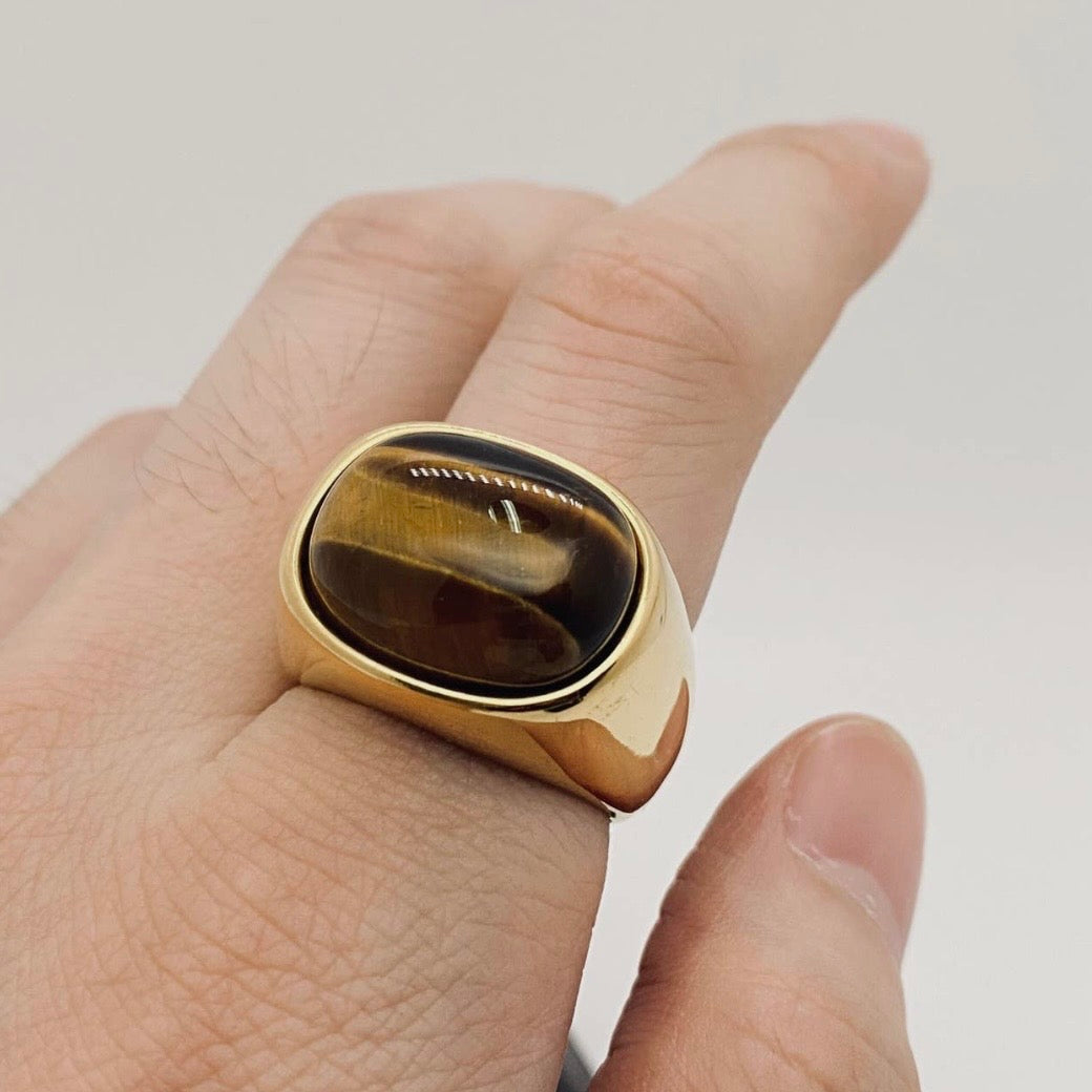 RING TIGER'S EYE STONE GOLD PLATED STAINLESS STEEL RING JEWELRY