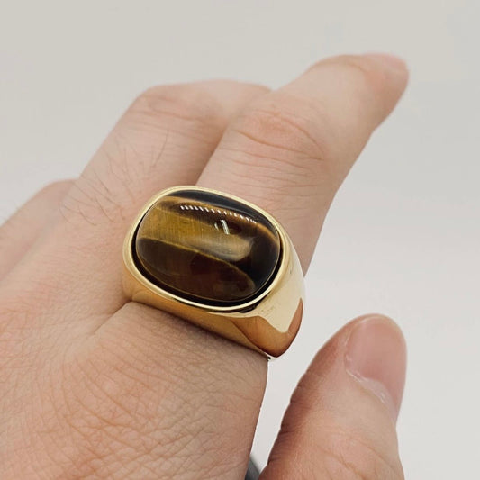 RING TIGER'S EYE STONE GOLD PLATED STAINLESS STEEL RING JEWELRY